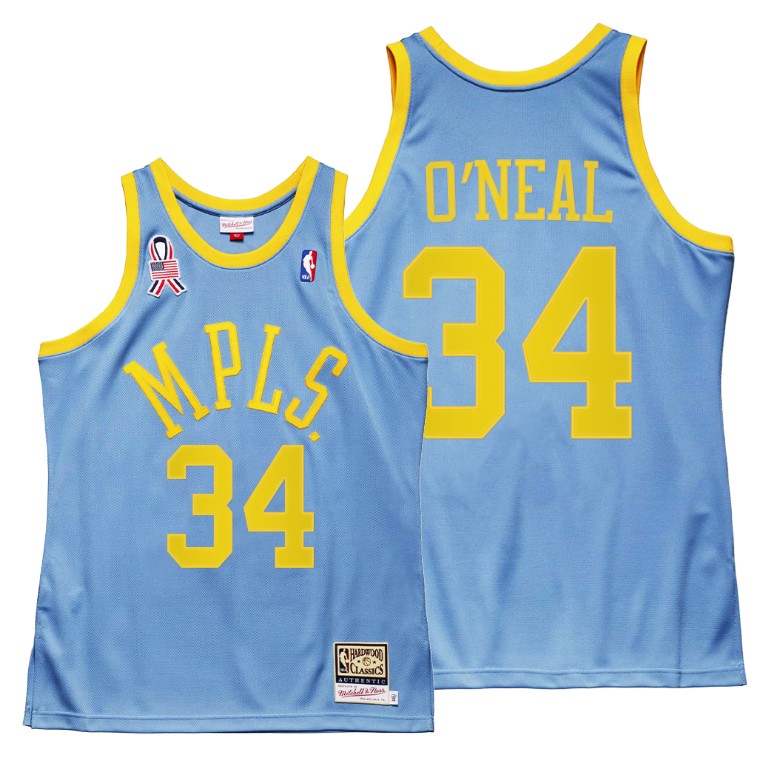 Men's Los Angeles Lakers Shaquille O'Neal #34 NBA Minneapolis 5x championship MPLS Throwback Hardwood Classics Blue Basketball Jersey TLV0183JB